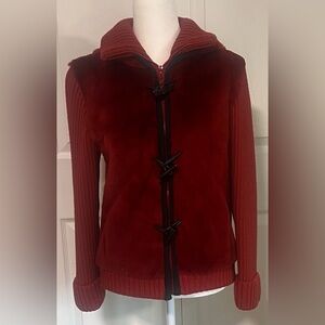 Krio Red Wool Zip Up Hooded Sweater With Toggle Closures
